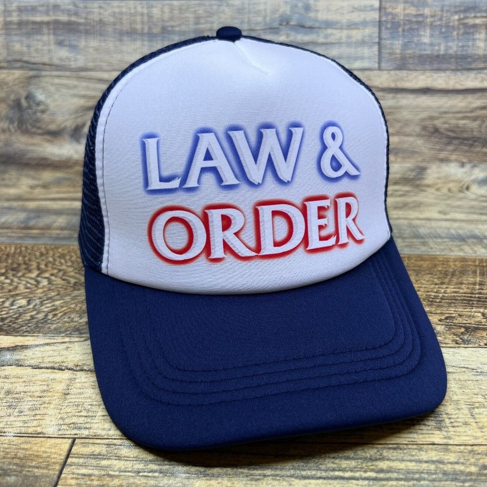 Law & Order Mens Trucker Hat Navy Snapback 90s Legal Drama Retro TV Baseball Cap